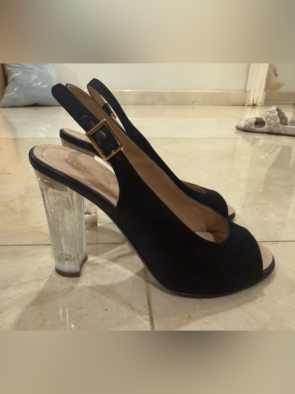 CHANEL Black Suede Slingback Heels with Clear Lucite Block Heel
